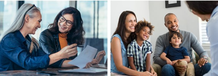 Two women talking and a hertorsexual family with two boys sitting on chairs in a doctor's office